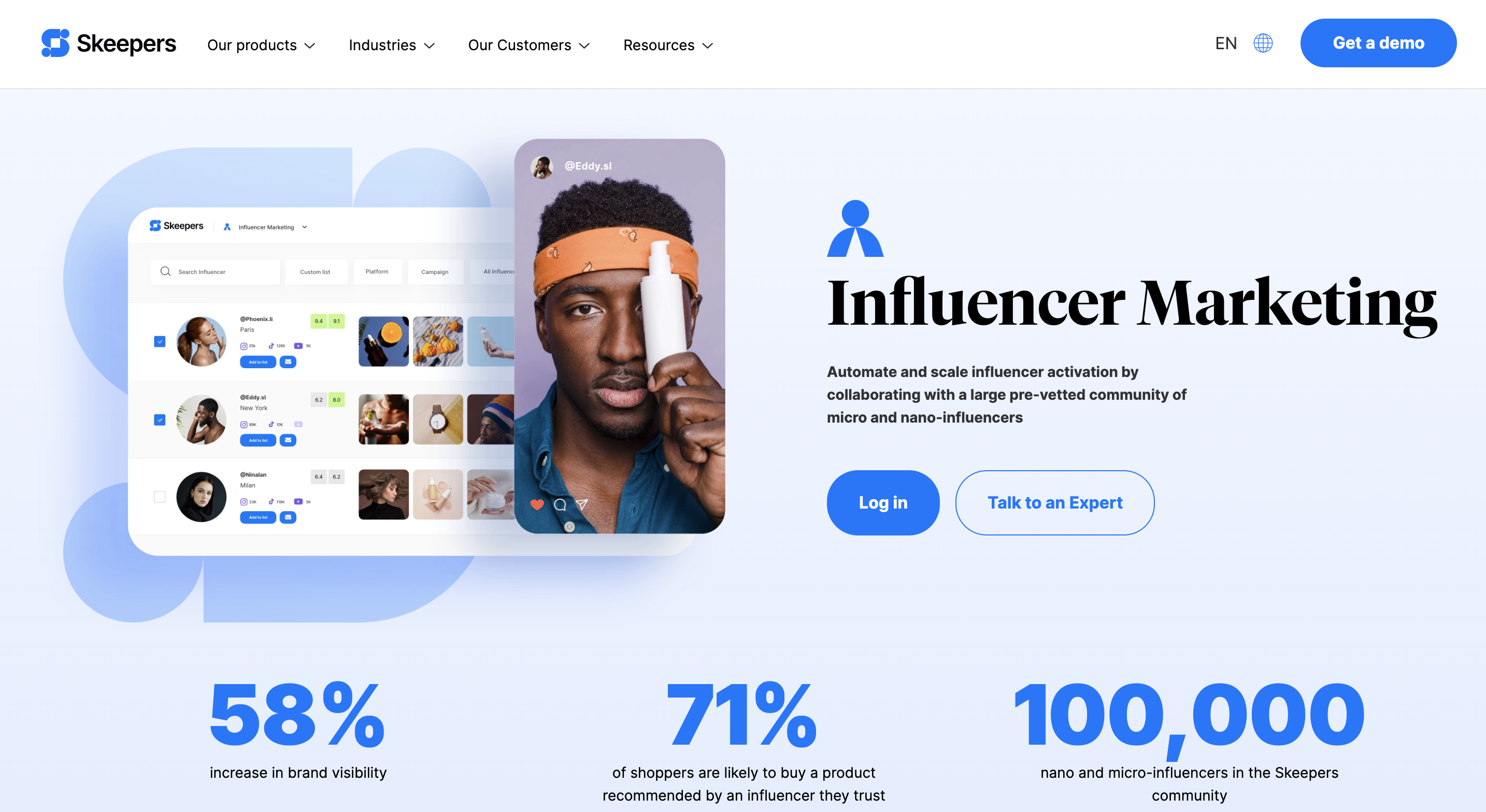 A screenshot of influencer marketing platform Skeeper's website