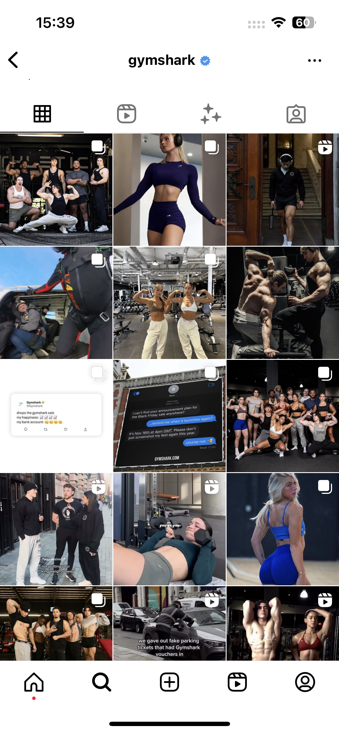 Screenshot of Gymshark’s Instagram feed that shows various people working out.