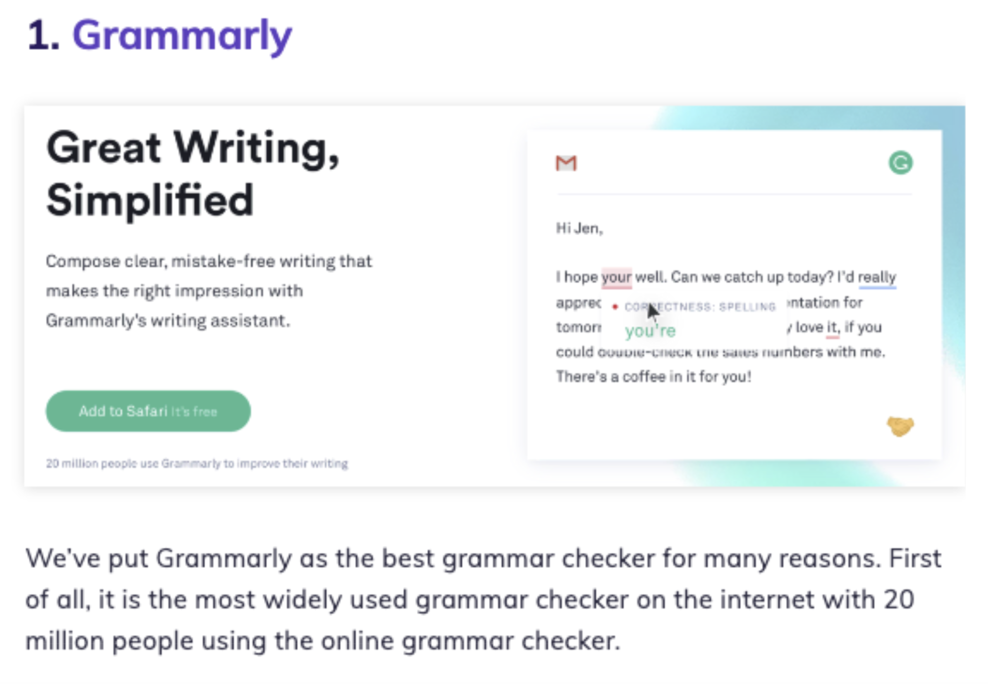 Screenshot of a snippet from a blog featuring Grammarly.