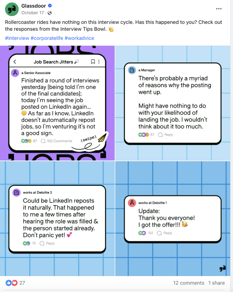 Screenshot of a Facebook post from Glassdoor. Glassdoor created this post from existing responses in its Interview Tips Bowl, a social media series featuring interview tips from its audience.