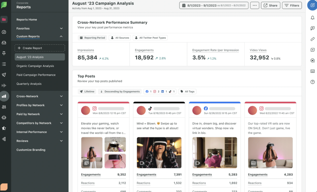 A screenshot of Sprout analytics that shows cross-network performance summaries and the different content types on each network.