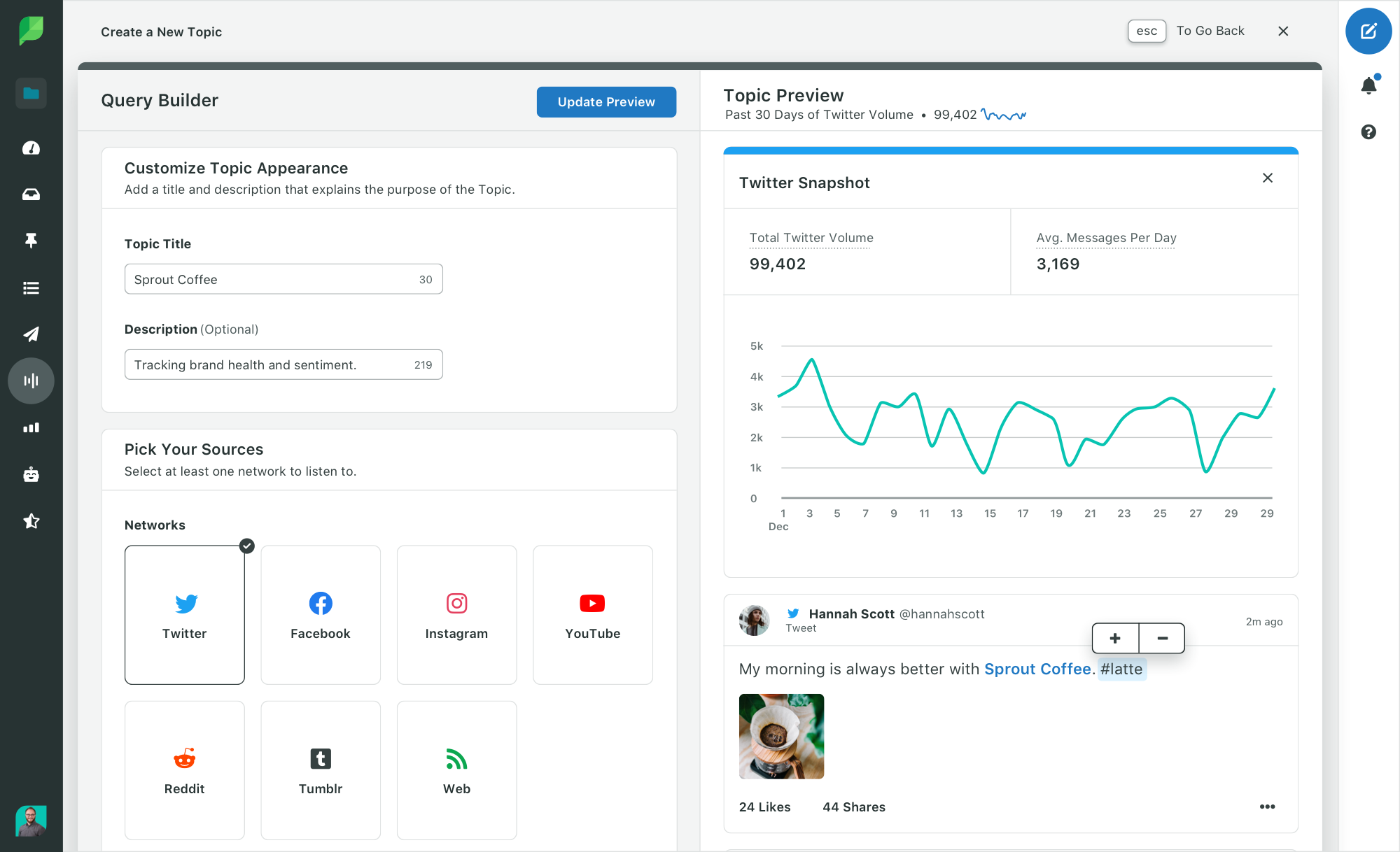 Screenshot of the Sprout Social listening topic builder.