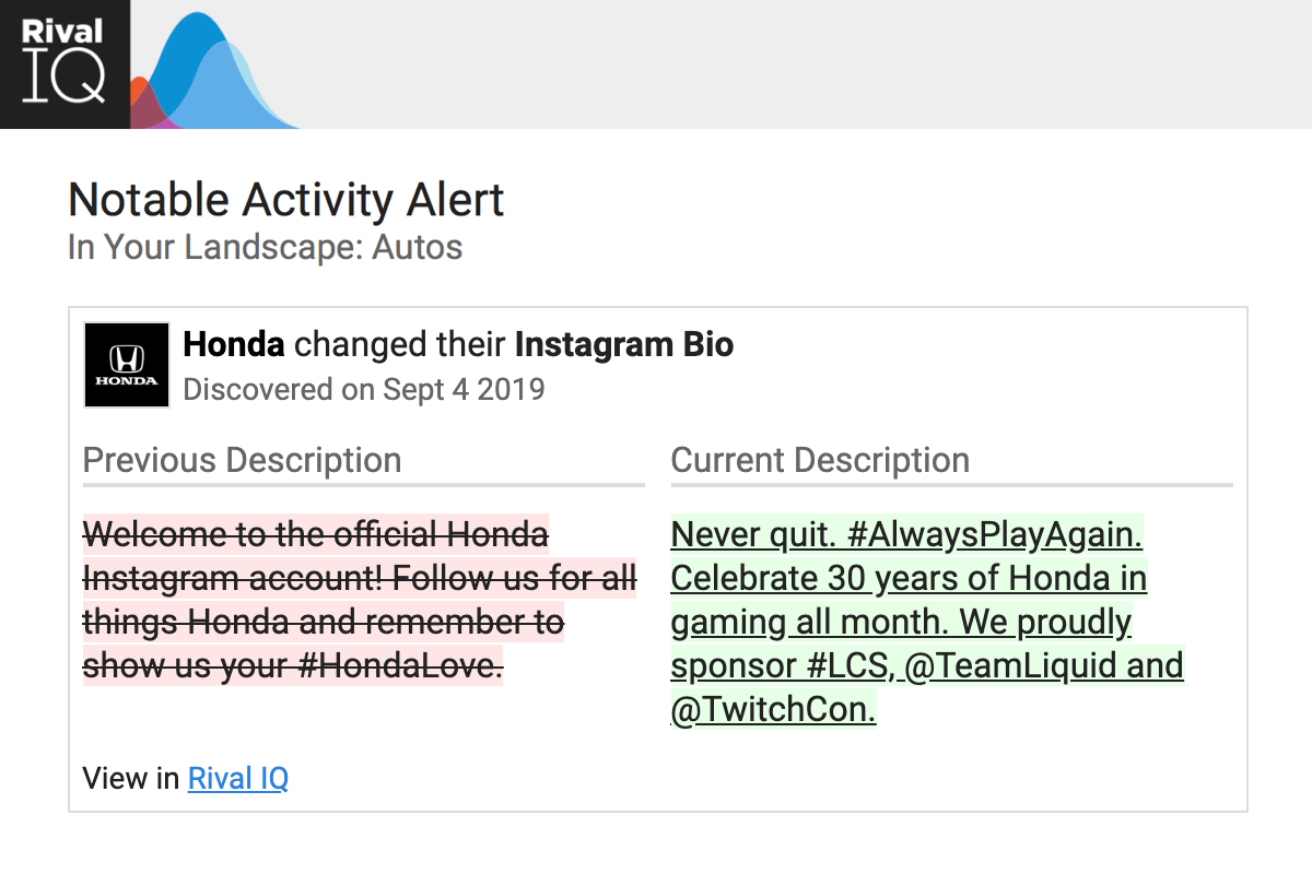Screenshot of RivalIQ's social media monitoring alerts on an Instagram bio.