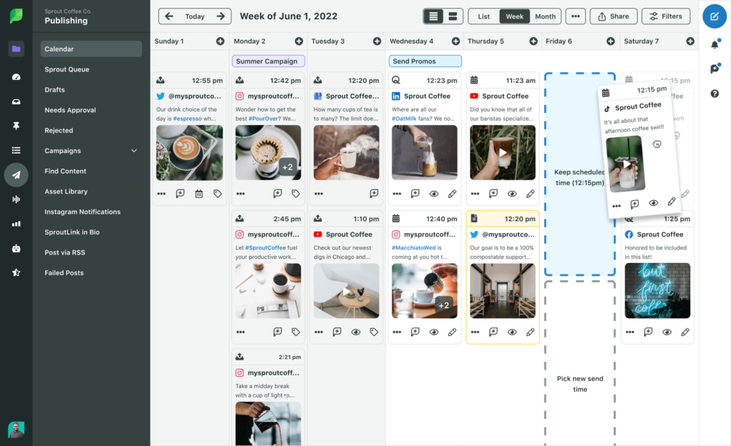 A screenshot of Sprout's publishing calendar and drag and drop capabilities.