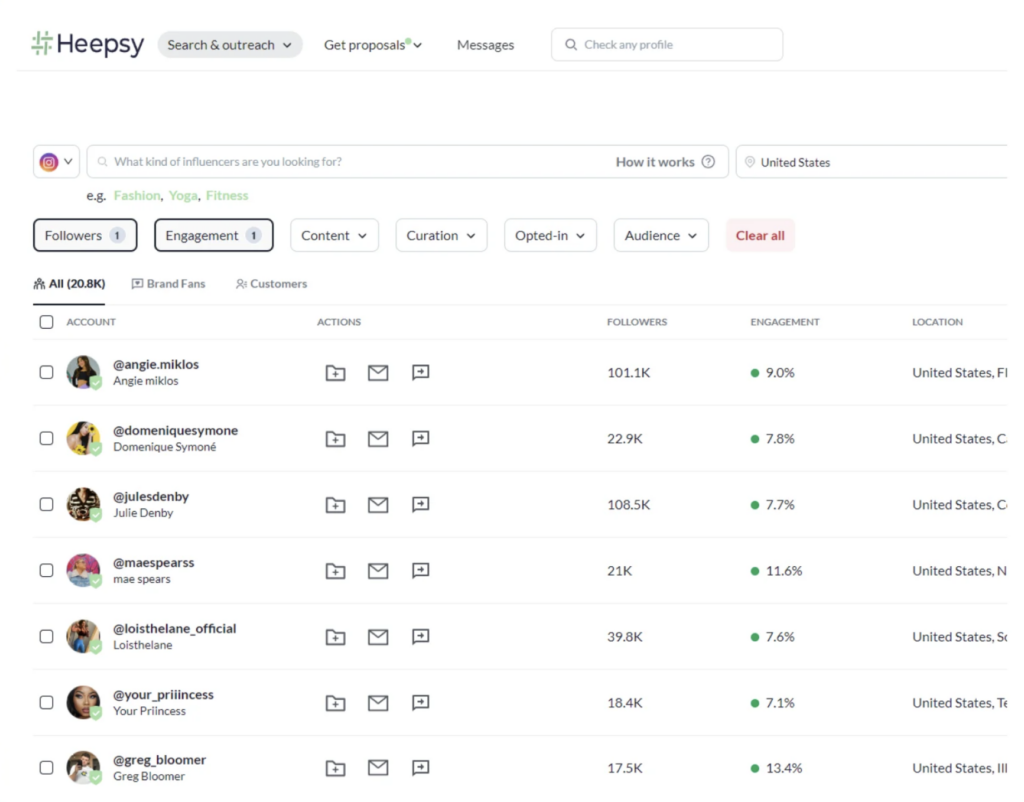 A screenshot of Heepsy's creator tools.