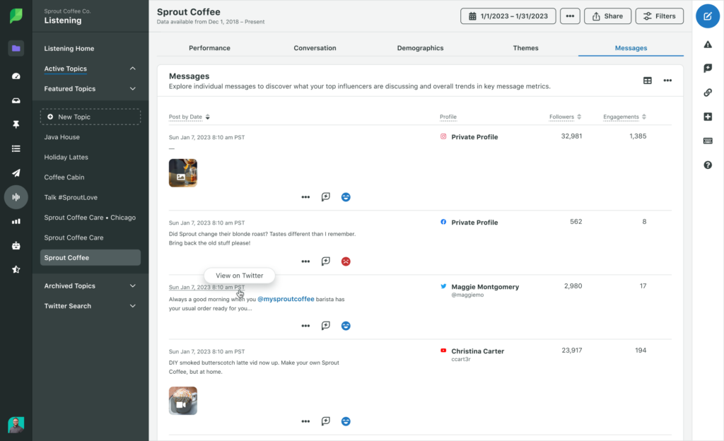A screenshot showing the Messages tab of Sprout's social listening solution. The tab displays messages mentioning the brand or topic. Next to the message, you can see the number of followers the message creator has, which is a great way to find new influencers.