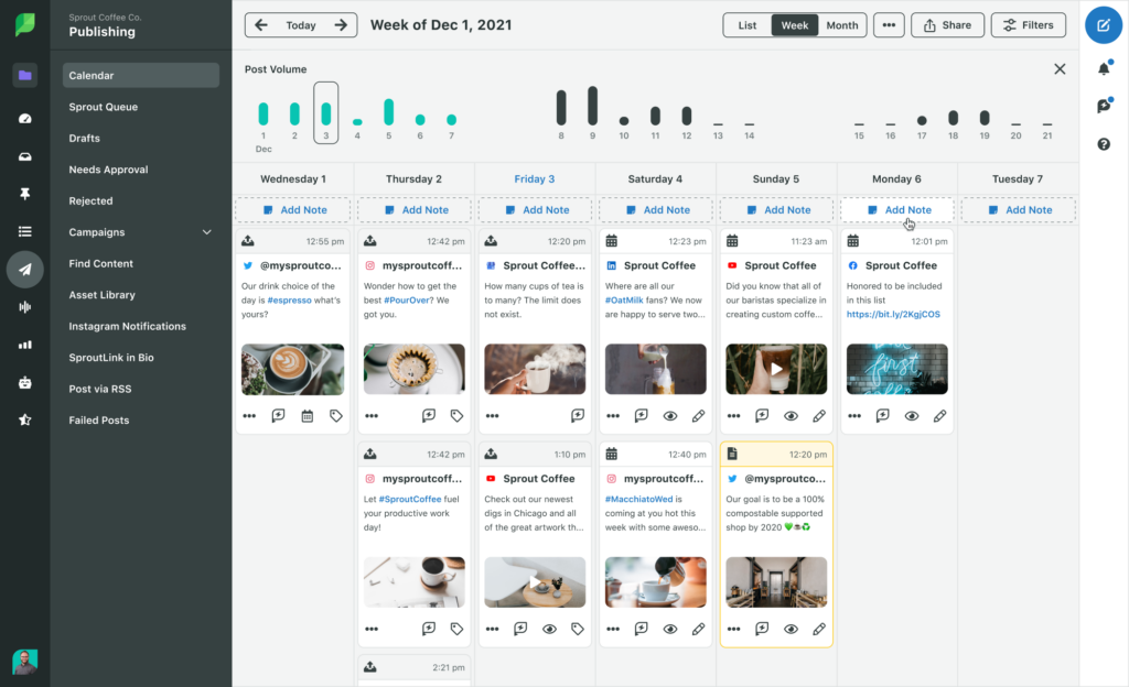 A screenshot of the publishing calendar in Sprout Social that demonstrates a week view of all outgoing posts.