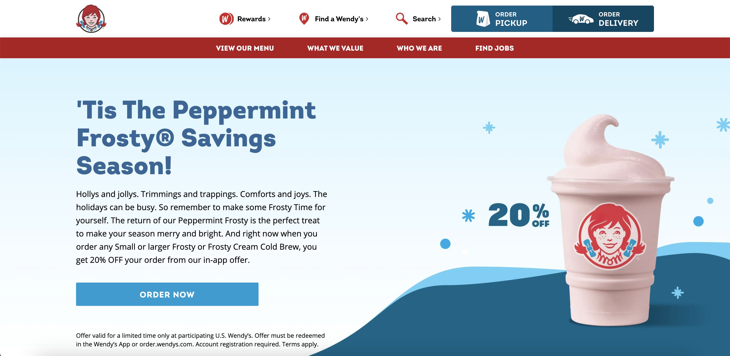 A screenshot of Wendy’s website.