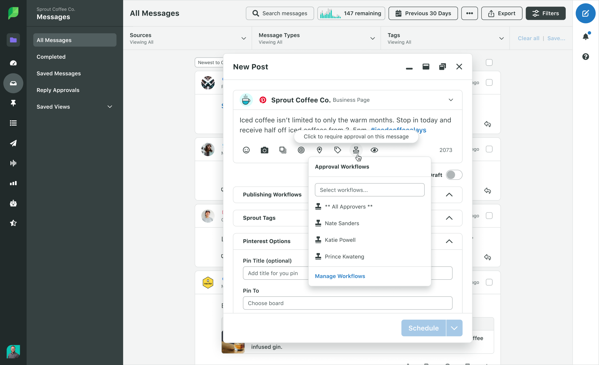 Screenshot of Sprout Social's message approval tool within the Smart Inbox that allows messages to be checked before they're posted.