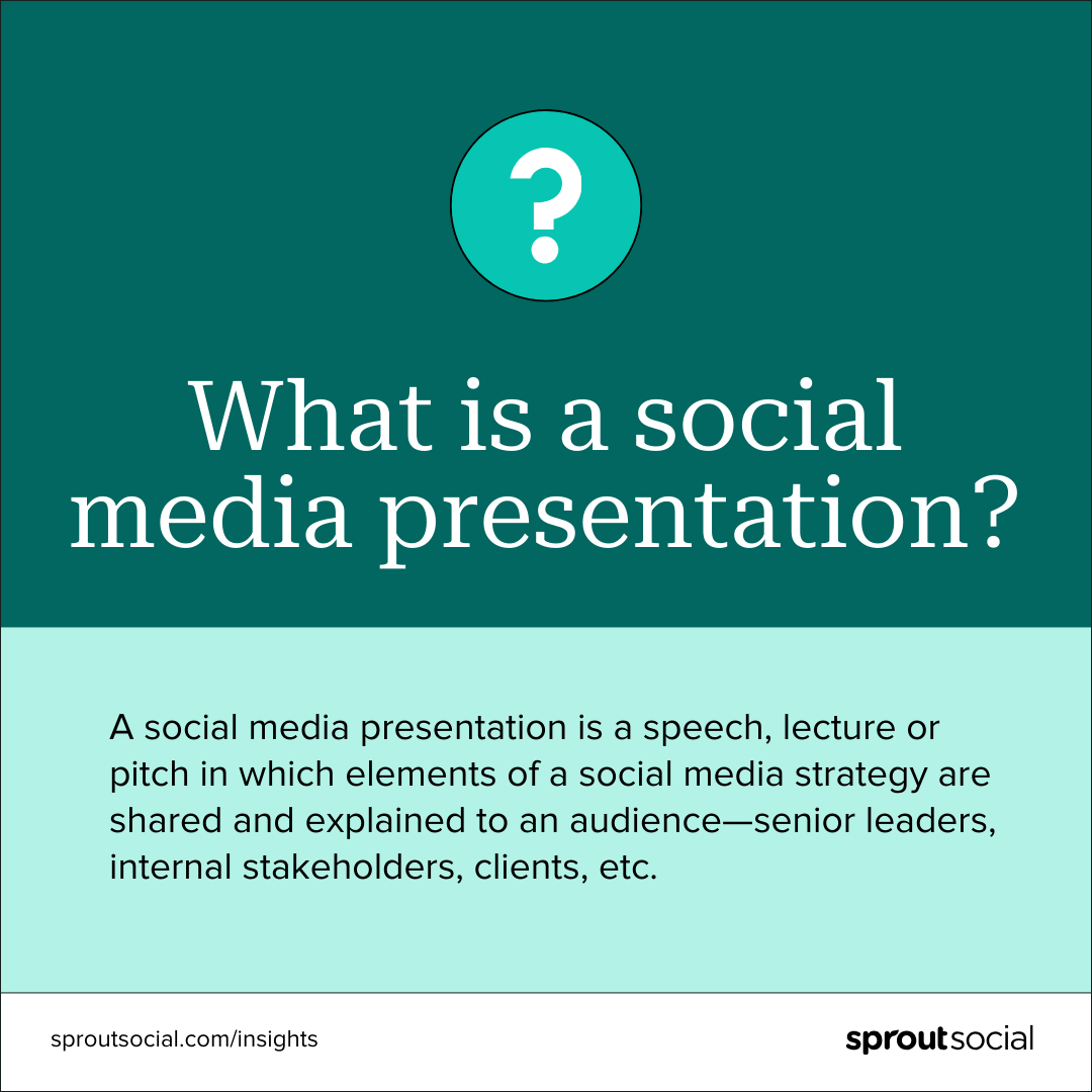 A text based graphic that says, "What is a social media presentation? A social media presentation is a speech, lecture or pitch in which elements of a social media strategy are shared and explained to an audience&mdash;senior leaders, internal stakeholders, clients, etc."