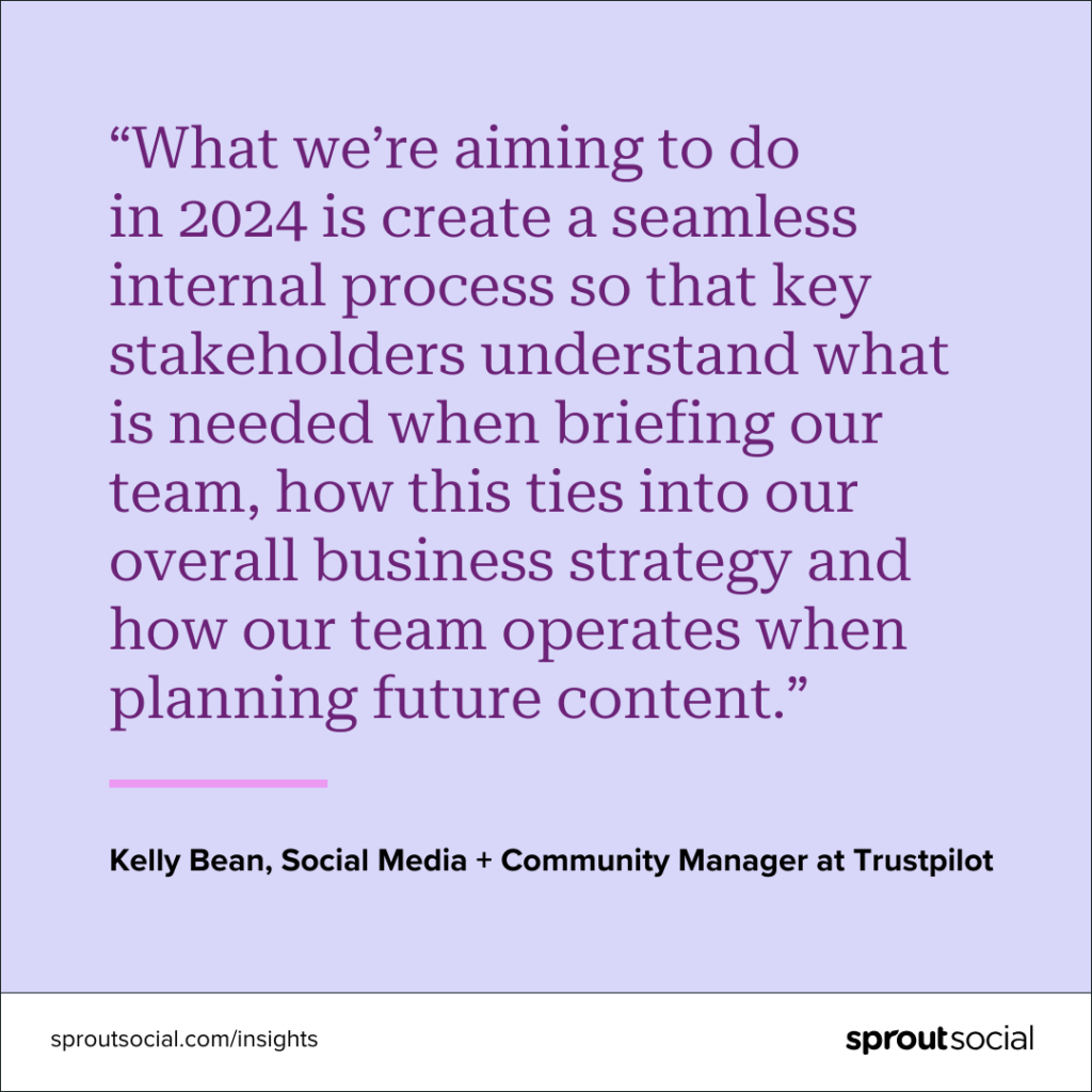 A purple graphic with a quote that reads, &ldquo;What we&rsquo;re aiming to do in 2024 is create a seamless internal process so that key stakeholders understand what is needed when briefing our team, how this ties into our overall business strategy and how our team operates when planning future content.&rdquo; by Kelly Bean, Social Media + Community Manager at Trustpilot.