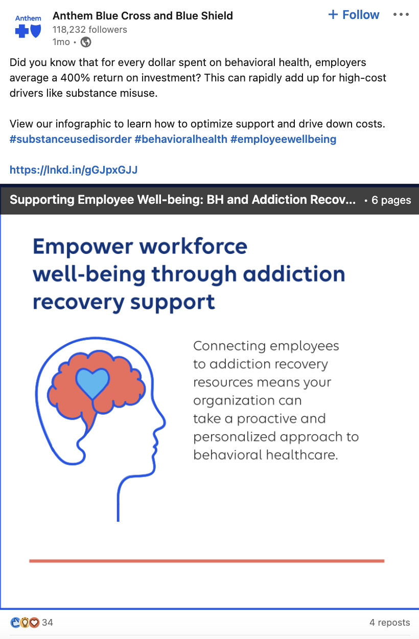 A LinkedIn post from Anthem Blue Cross and Blue Shield about the employer benefits of investing in behavior health and recovery programs.