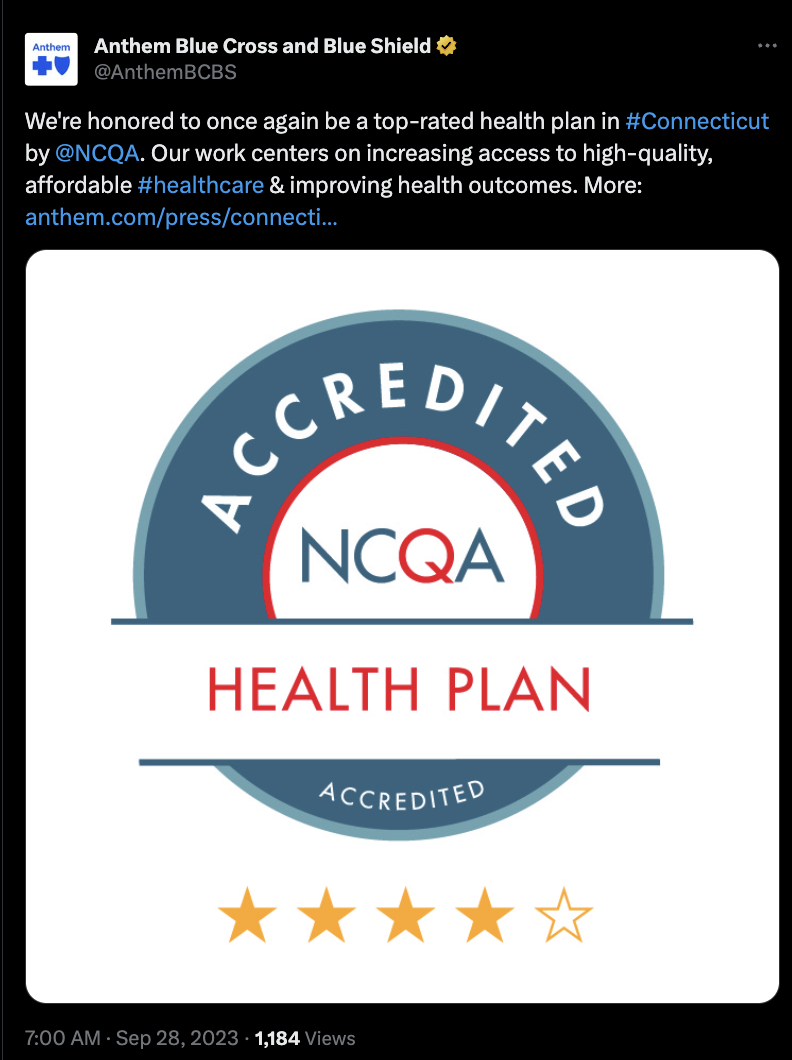 A post on X from Anthem Blue Cross and Blue Shield that reads: We're honored to once again be a top-rated plain in Connecticut by NCQA. Our work centers on increasing access to high-quality, affordable healthcare and improving health outcomes.