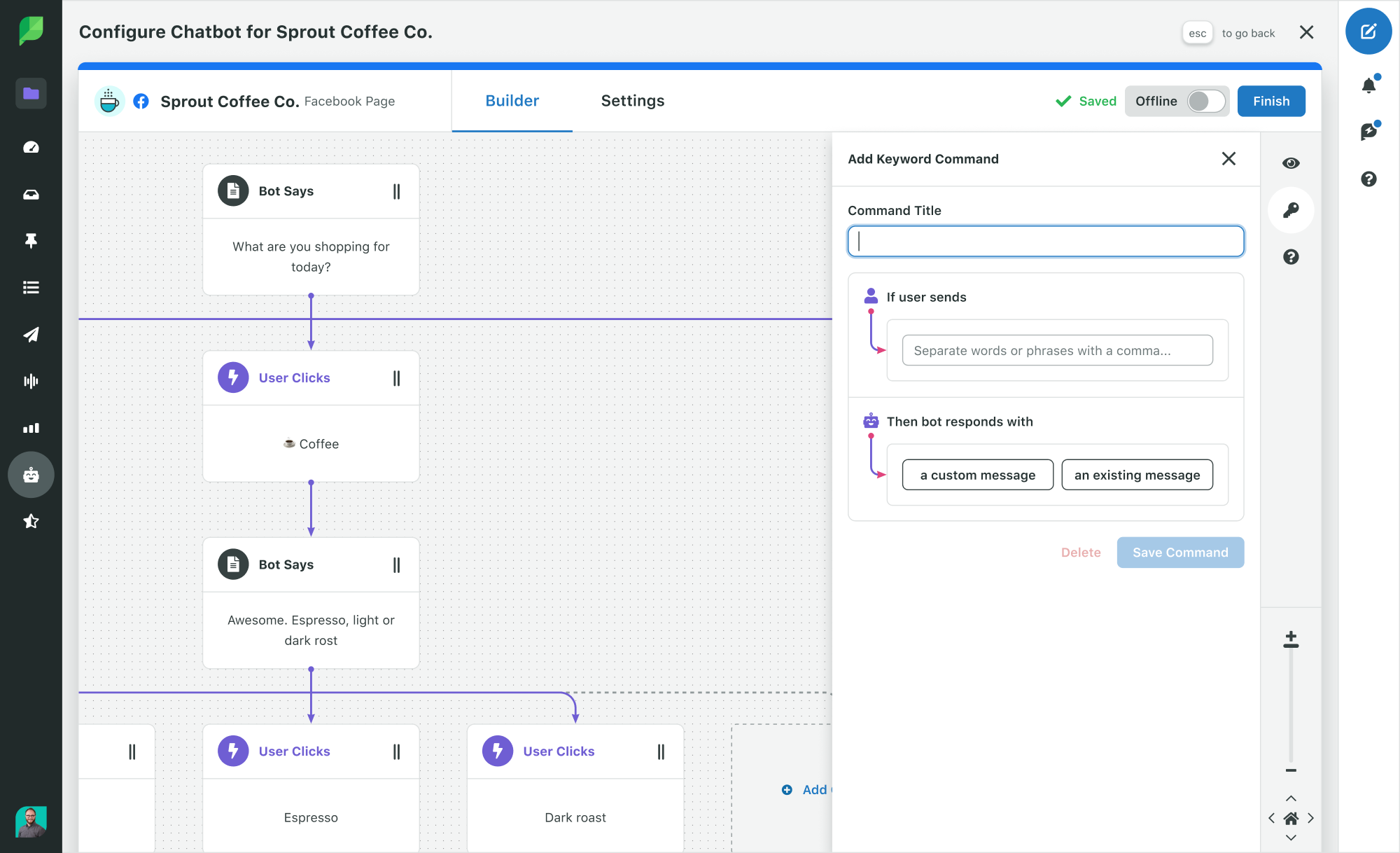 A screenshot of the chatbot configuration in the Sprout Social social media management platform. In the screenshot, you can see the bot builder, where you input instructions for bots when receiving a message from social users who message your brand.