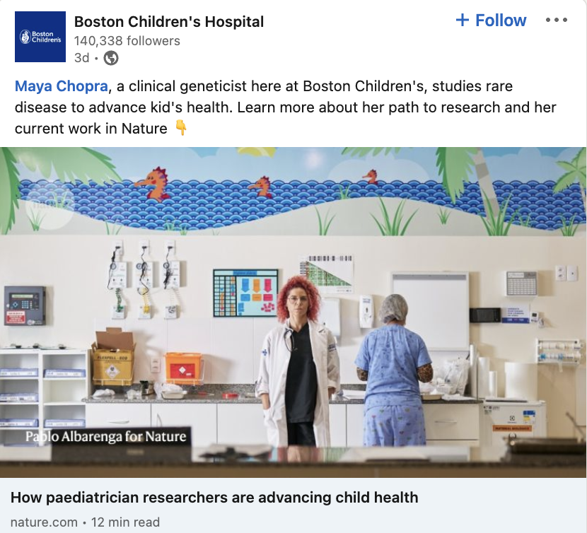 A screenshot of a LinkedIn post by Boston Children's Hospital about Maya Chopra, a clinical geneticist who studies rare diseases at the hospital. The post links to an article about pediatric research.