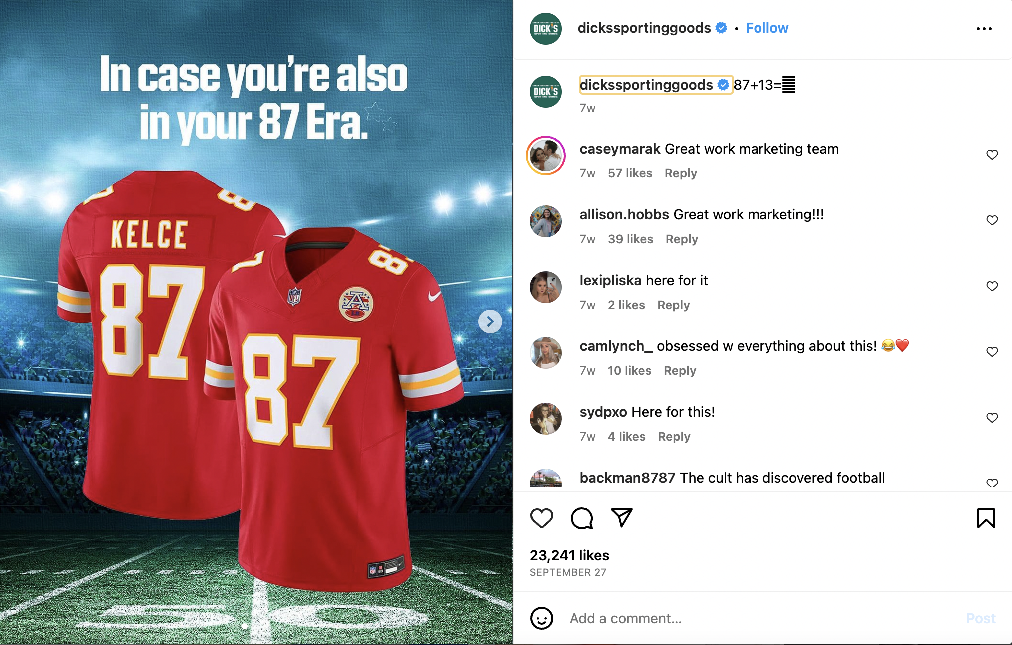 Instagram post by Dick's Sporting Goods showing Travis Kelce's 87 Jersey with text that reads "In case you're also in your 87 era."