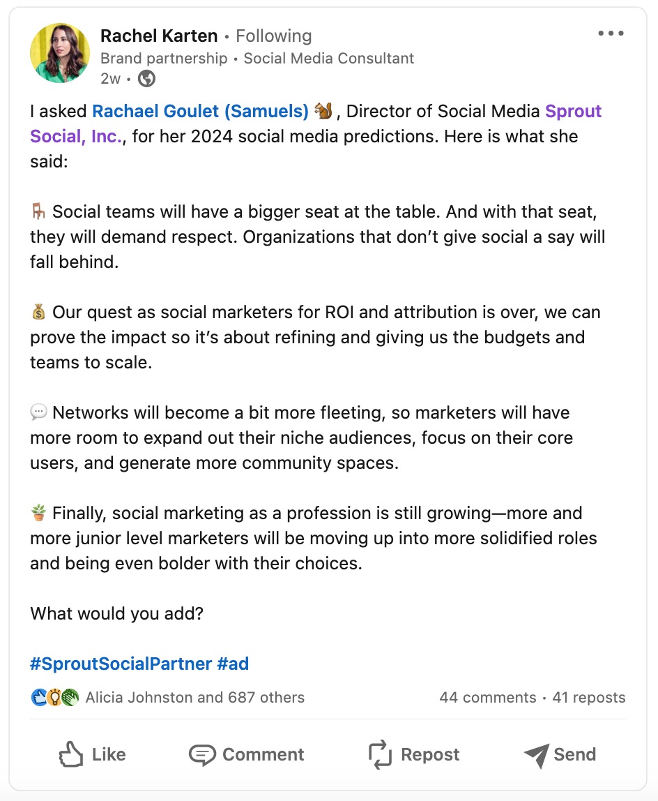 A screenshot of a LinkedIn Post from Social Media Consultant Rachel Karten. The post is a part of an influencer marketing campaign done in collaboration with Sprout Social. The post is labeled #SproutSocialPartner and #Ad.