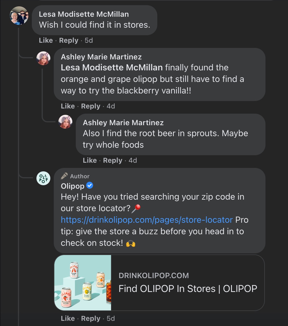 Screenshot of thread on OLIPOP's Facebook page, directing a customer to their store locator tool.