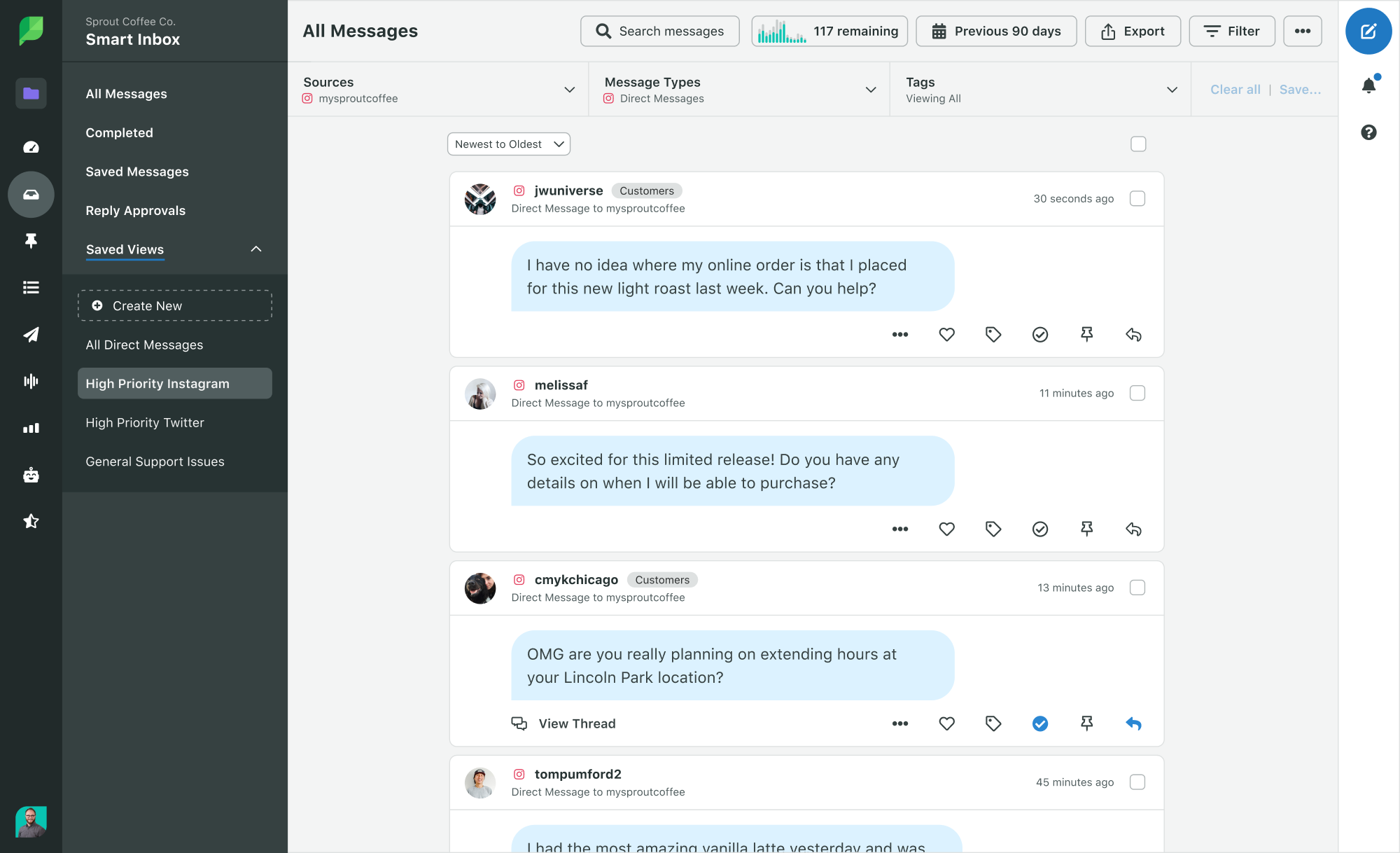 Sprout's Smart Inbox tool, filtered to show Instagram direct messages.