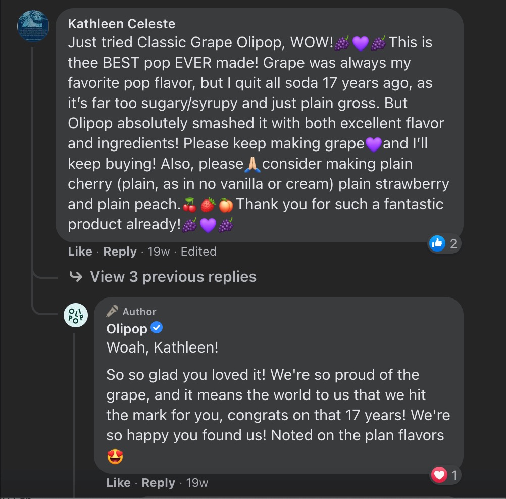 Customer sharing positive feedback on OLIPOP's Facebook page, featuring a response from the brand.