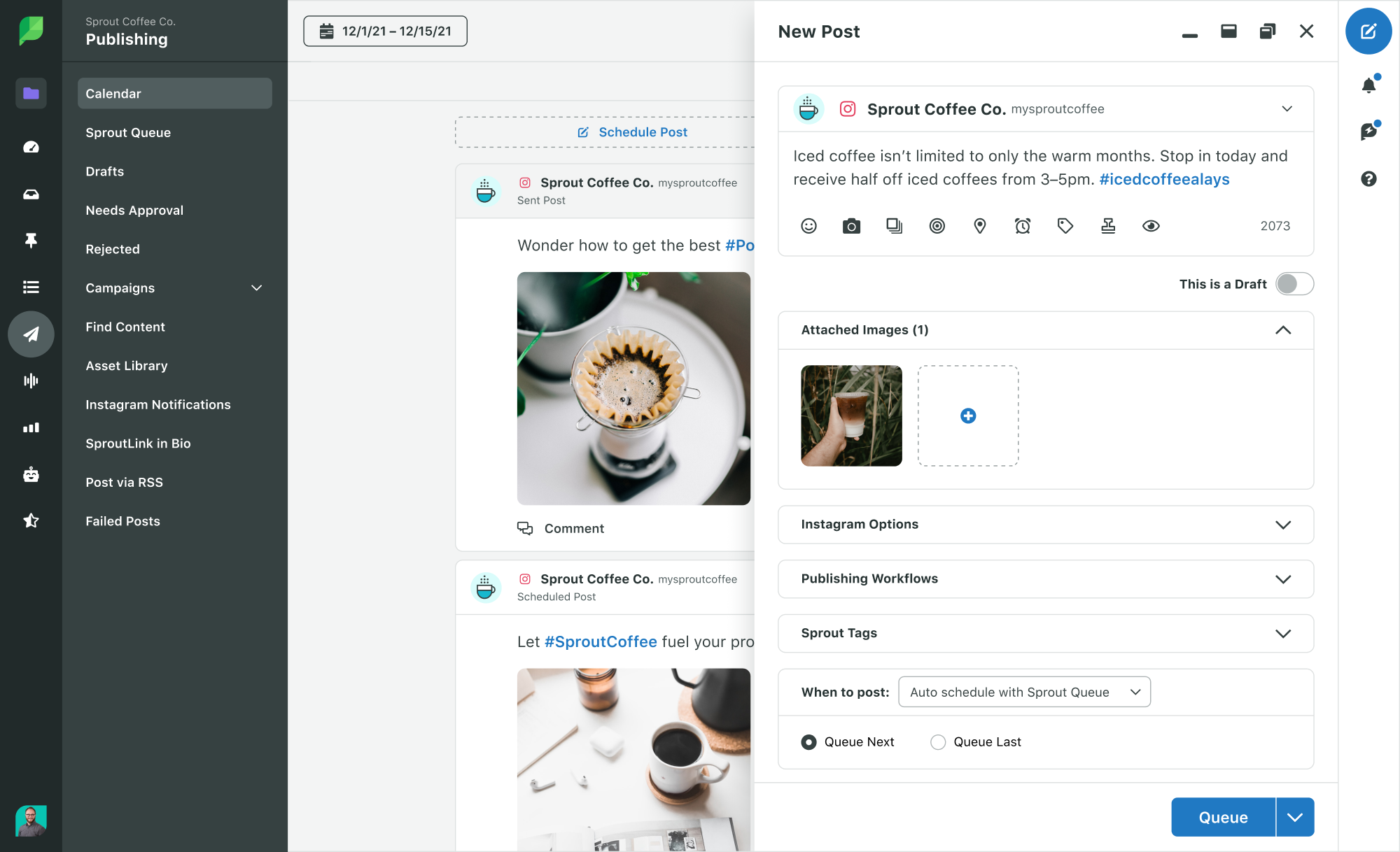 A screenshot showing how to publish using the Sprout Queue