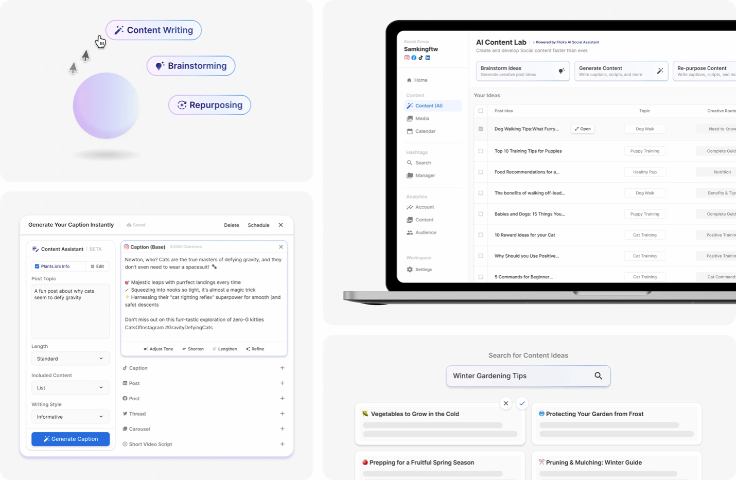 Flick AI content lab preview with a window to add a prompt and window to search for content ideas