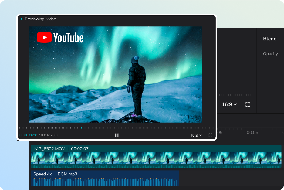 Capcut editing window previewing a YouTube video of a person in a snowsuit looking at the Northern Lights in a snowy terrain