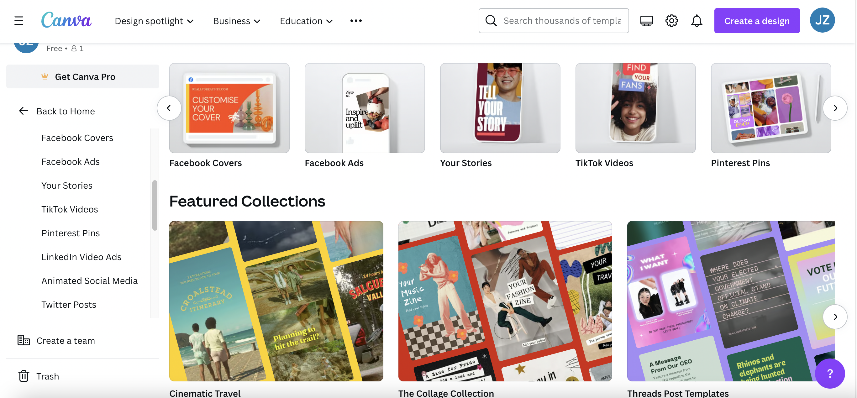 Canva templates page showing options for Facebook Covers, Facebook Ads, Your Stories, TikTok Videos, Pinterest Pins and Featured Collections below
