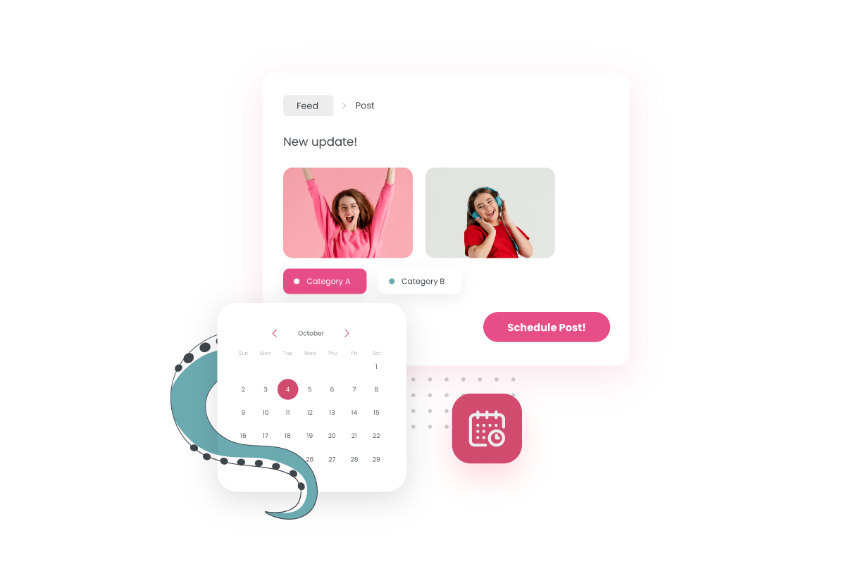 MeetEdgar dashboard showing two separate images of smiling women and an expanded calendar below to schedule a post