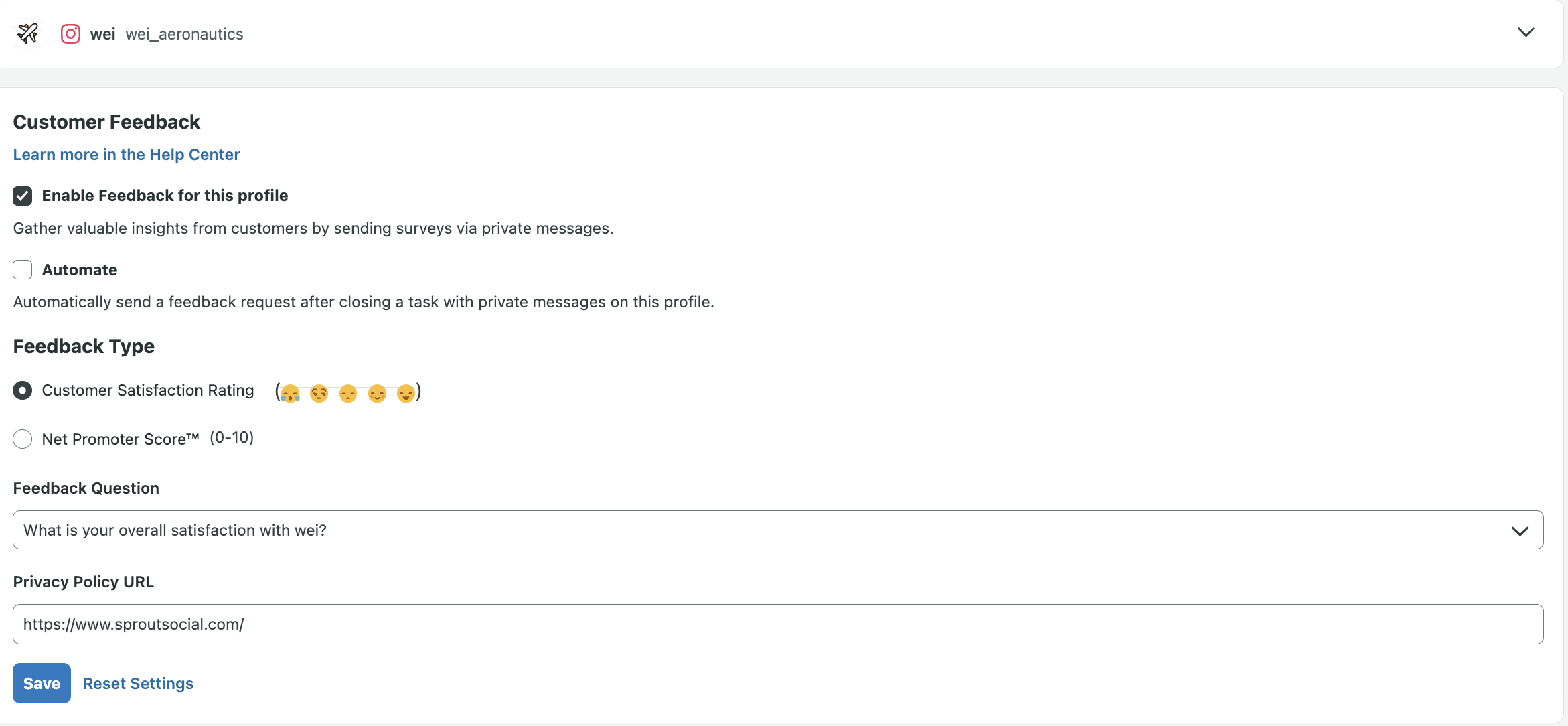 Sprout's Customer Feedback settings, which feature a functionality to enable feedback for profiles. There are also settings and forms for feedback type, privacy policy URL and net promoter score.