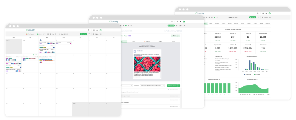 A screenshot of Loomly’s different dashboards. 