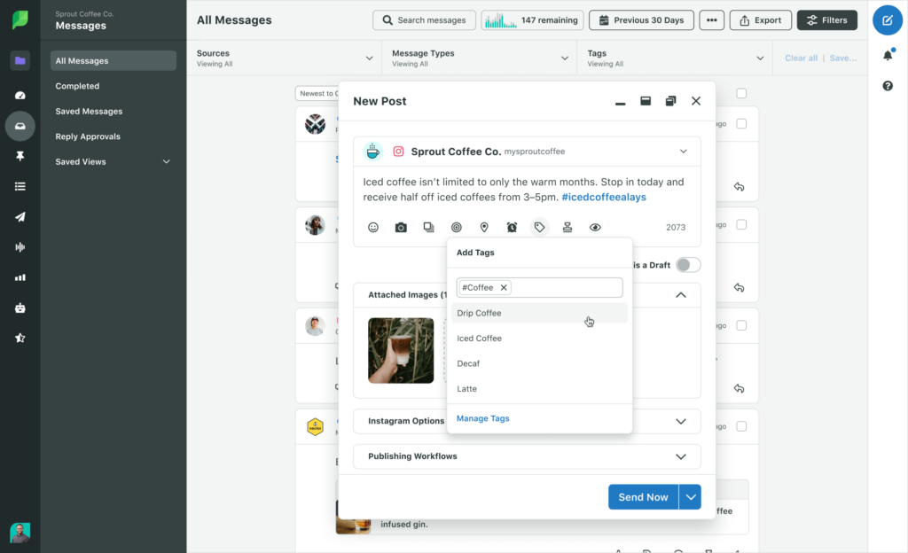 A screenshot of Sprout Social where the user is adding Tags to a post to label it.