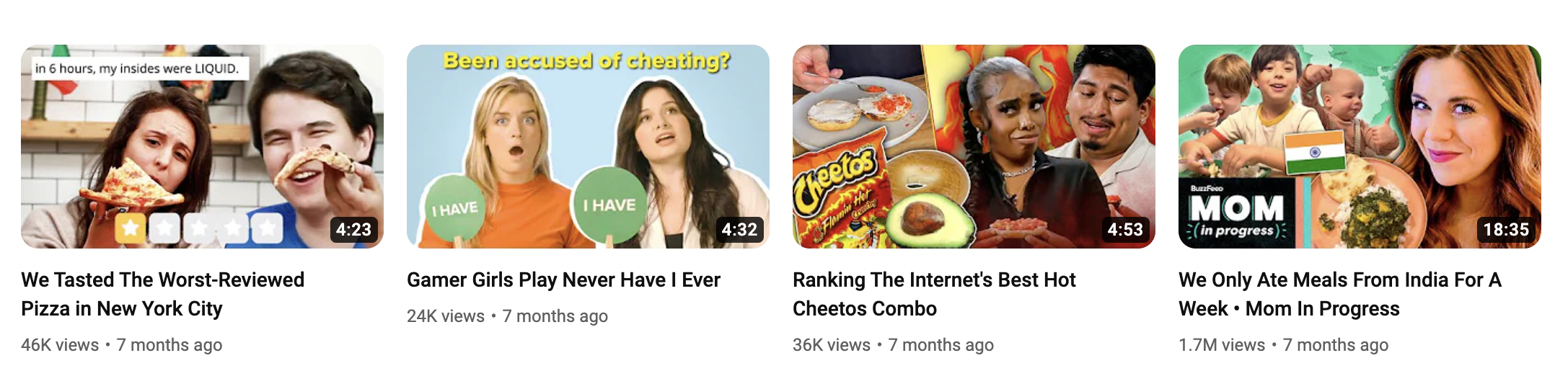 Four Buzzfeed YouTube thumbnails featuring attention grabbing titles. The titles are as follows: We Tasted the Worst Reviewed Pizza in New York City, Gamer Girls Play Never Have I Ever, Ranking the Internet's Best Hot Cheetos Combo and We Only Ate Meals From India For a Week.