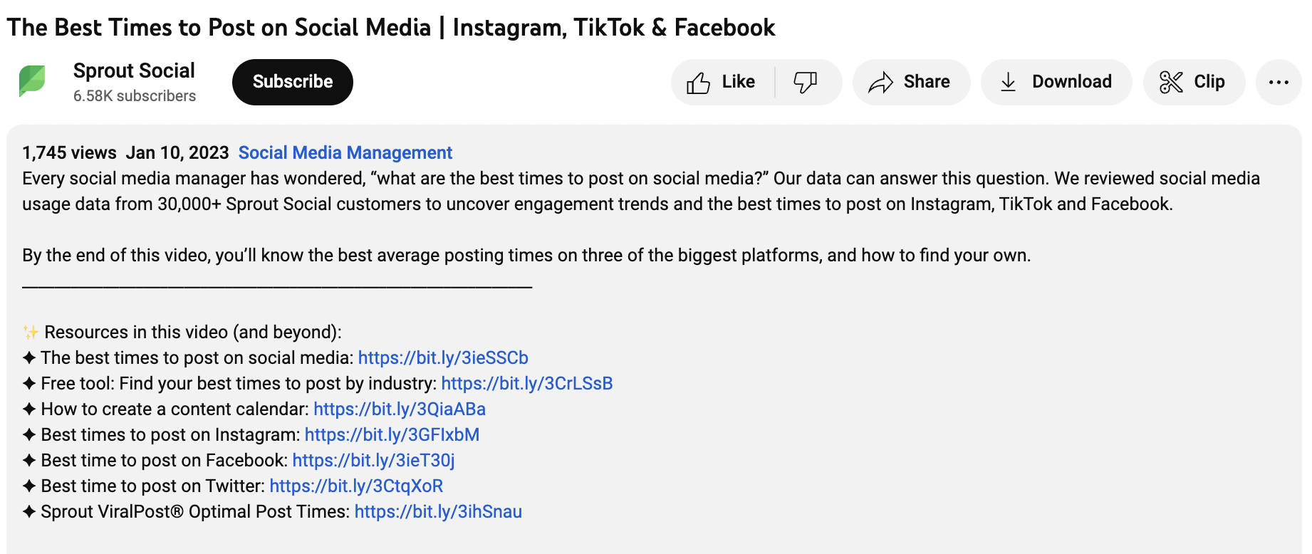 Sprout's description box for the Best Times to Post on Social Media video. The section includes a description of the video and featured resources with links.