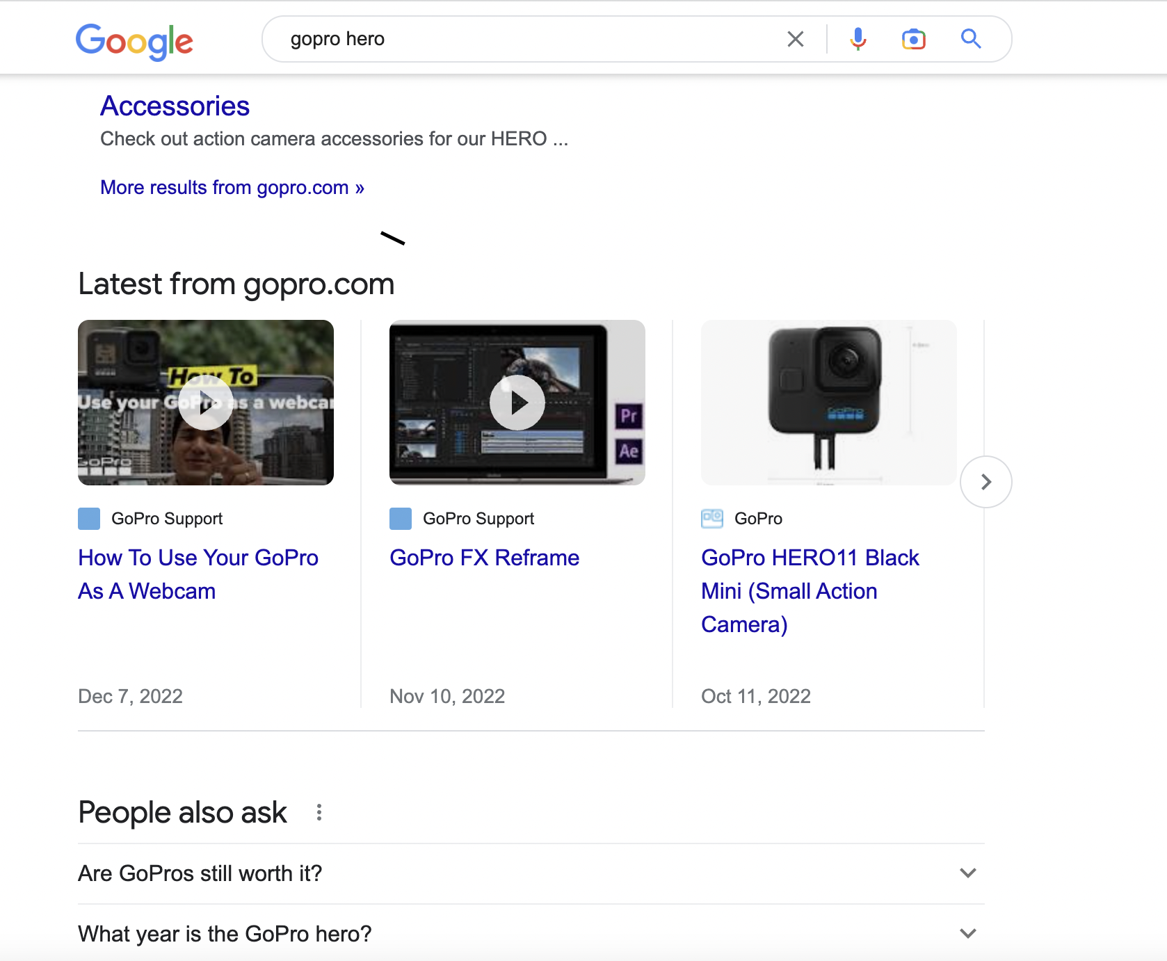 Google search results page for GoPro Hero featuring videos from gopro.com