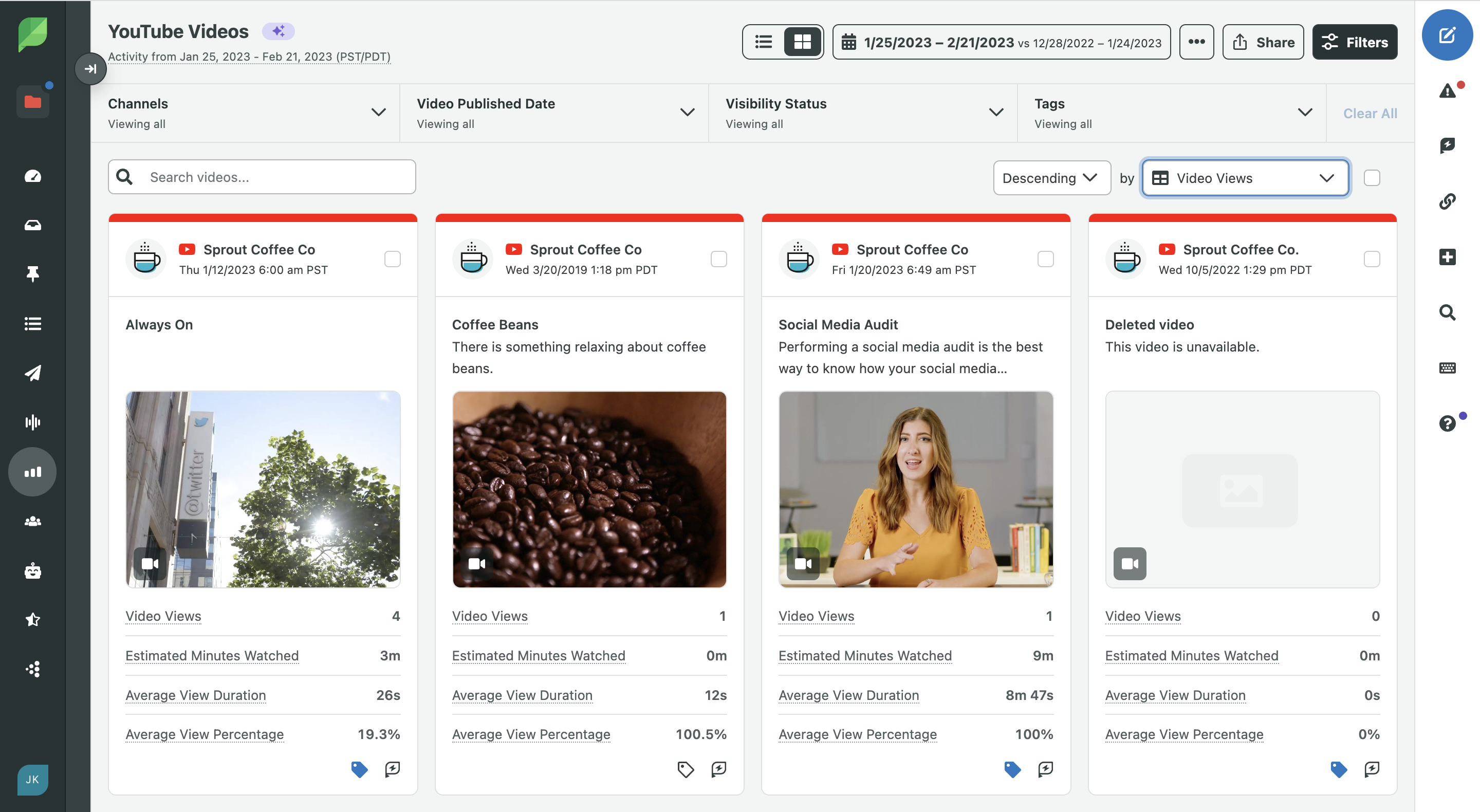 Sprout Social YouTube Videos dashboard featuring posts with several metrics including video views, estimated minutes watched, average view duration and average view percentage.