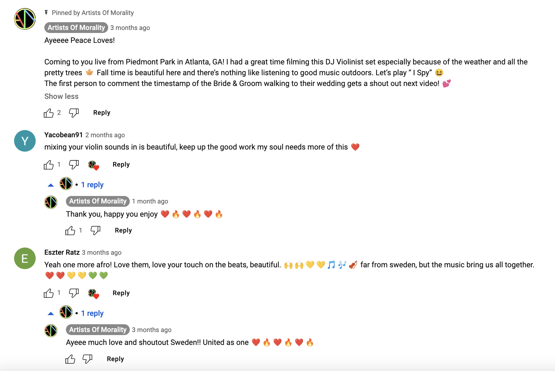 Artists of Morality's YouTube comment section featuring several interactions with subscriber comments and a pinned comment. The pinned comment challenges viewers to comment the timestamp of a bride and groom walking in the video for a shout out in the next video.