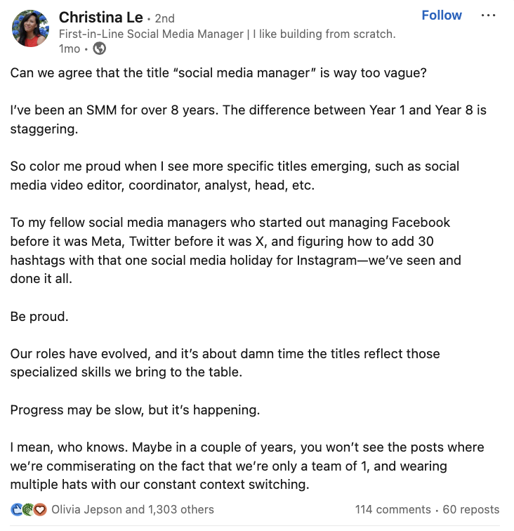 A LinkedIn post from a social media manager discussing changes in the role over the last eight years, expressing satisfaction with the emergence of more specific titles