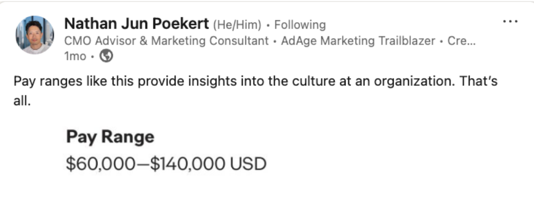 A LinkedIn post by a creator highlighting a salary range from $60,000 to $140,000, commenting on its insights into an organization's culture