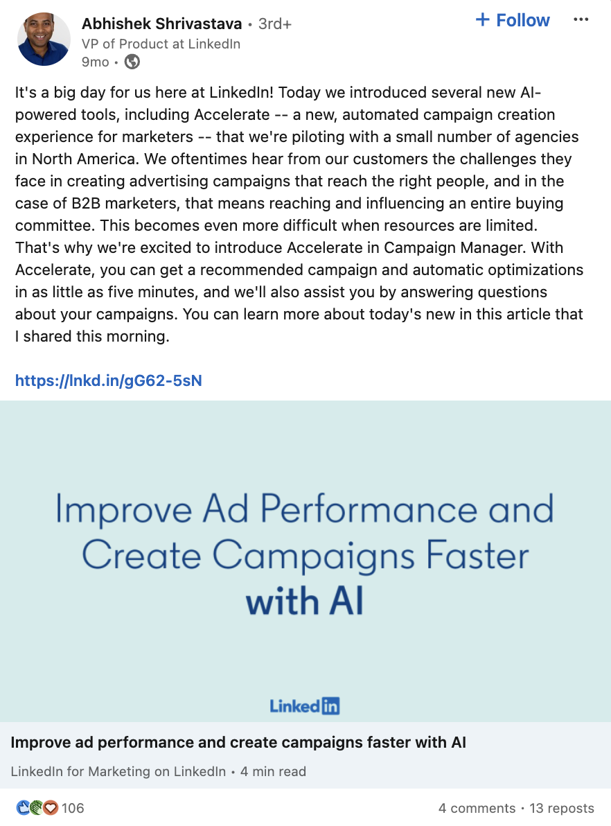 A LinkedIn post from Abhishek Shrivastava, LinkedIn's VP of Product, announcing LinkedIn's new AI-powered campaign features.