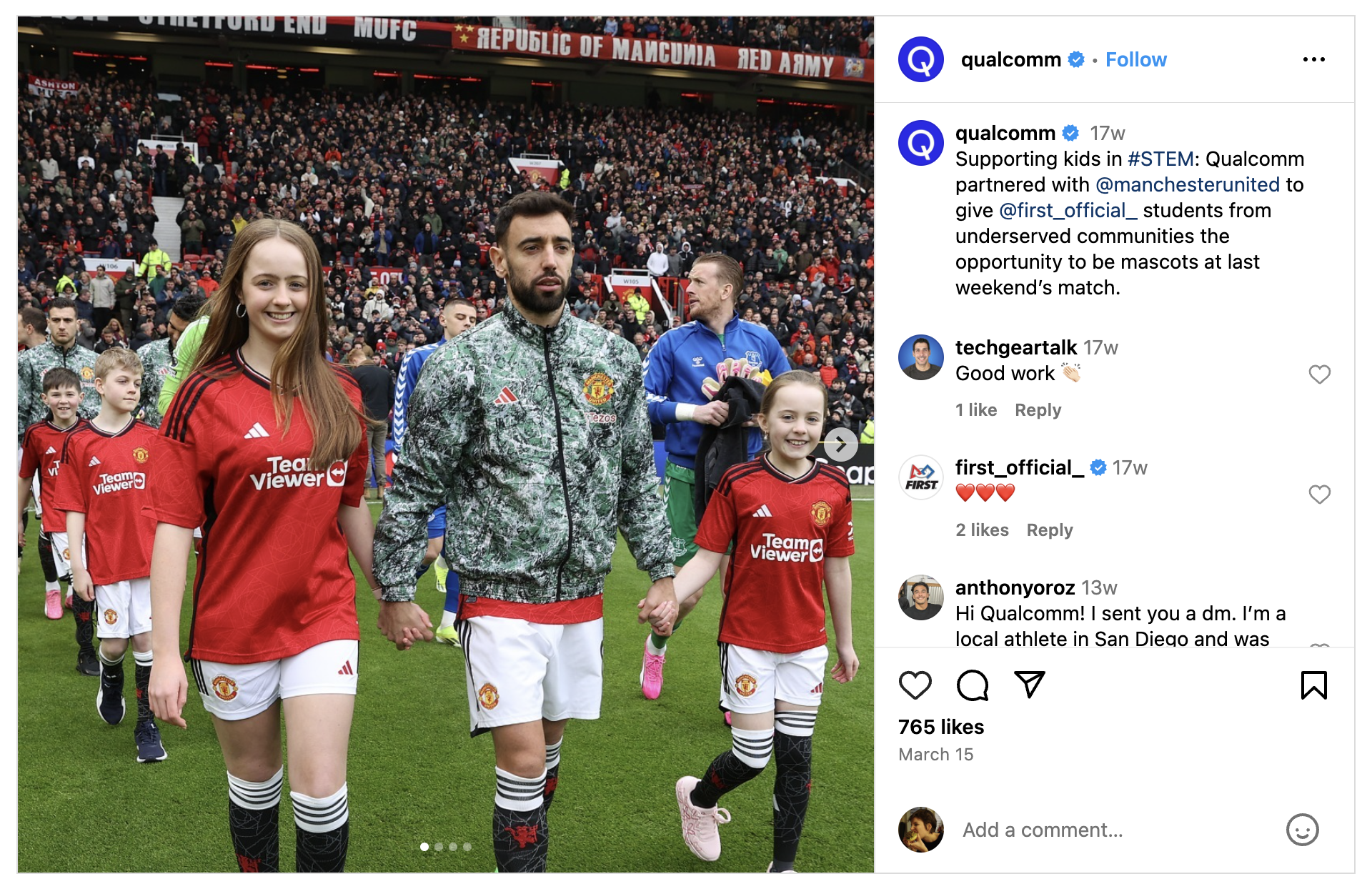 An Instagram carousel post from Qualcomm, showing students from their nonprofit partner FIRST, on the pitch at a Manchester United football game.