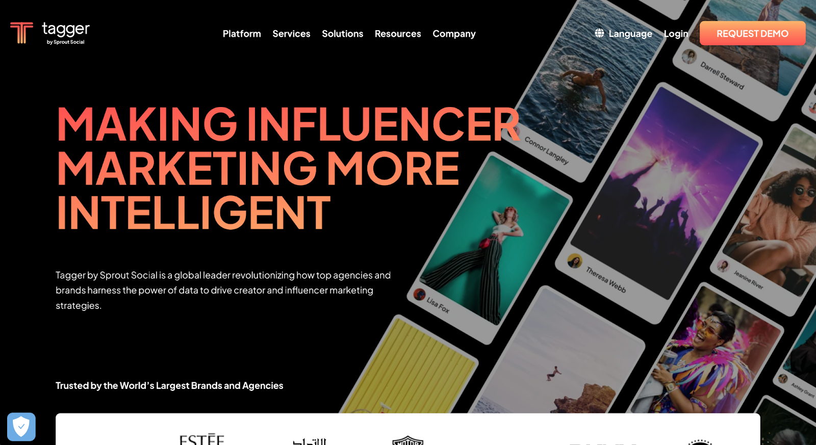Tagger’s homepage, where you can access details of its influencer marketing features or request a product demo