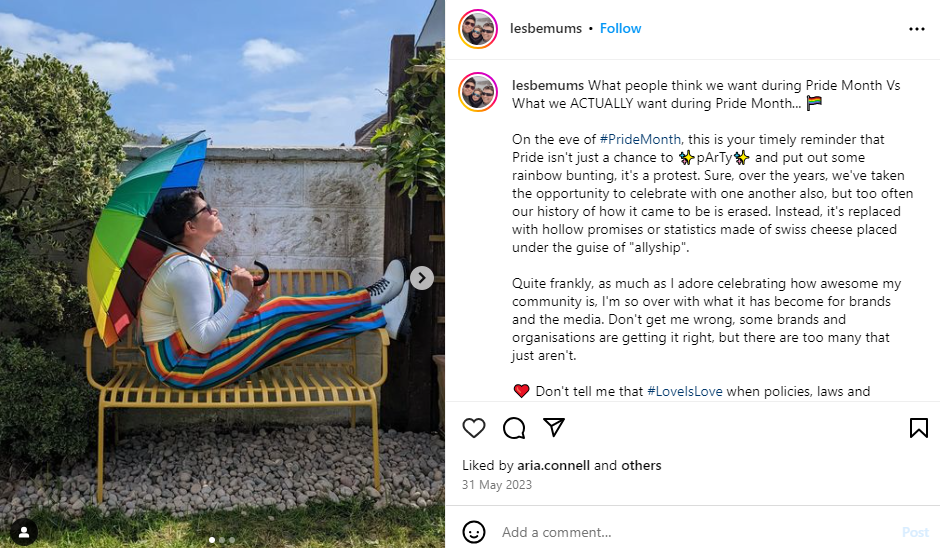 Pride month post from the lesbemums Instagram account, promoting real actionable change