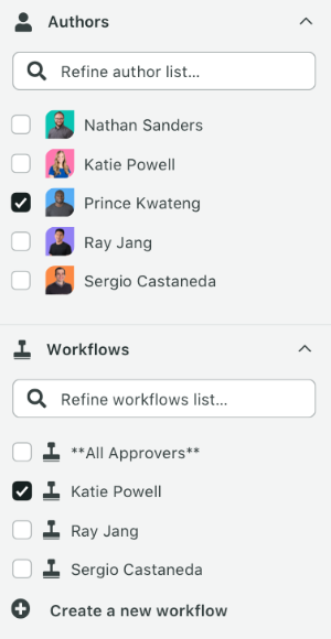 A selection menu with authors and workflows. There are several authors listed and selected in the dropdown menu. The workflows listed include options to select all approvers and specific approver names.