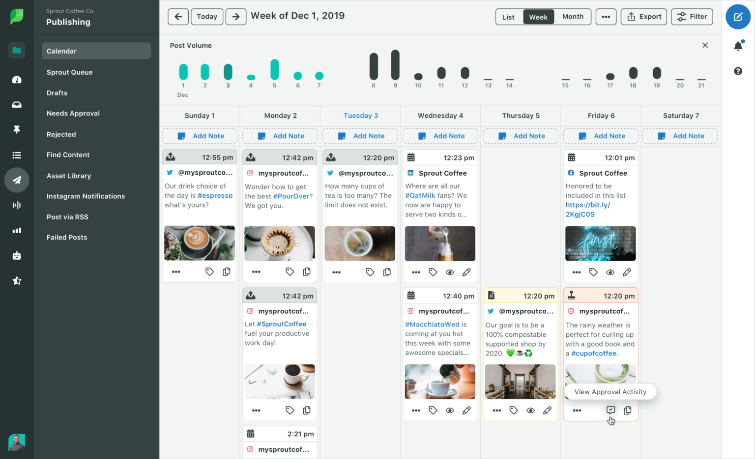 Sprout’s social media content calendar interface with various scheduled posts displayed across a week view. The posts contain coffee-related images and text.