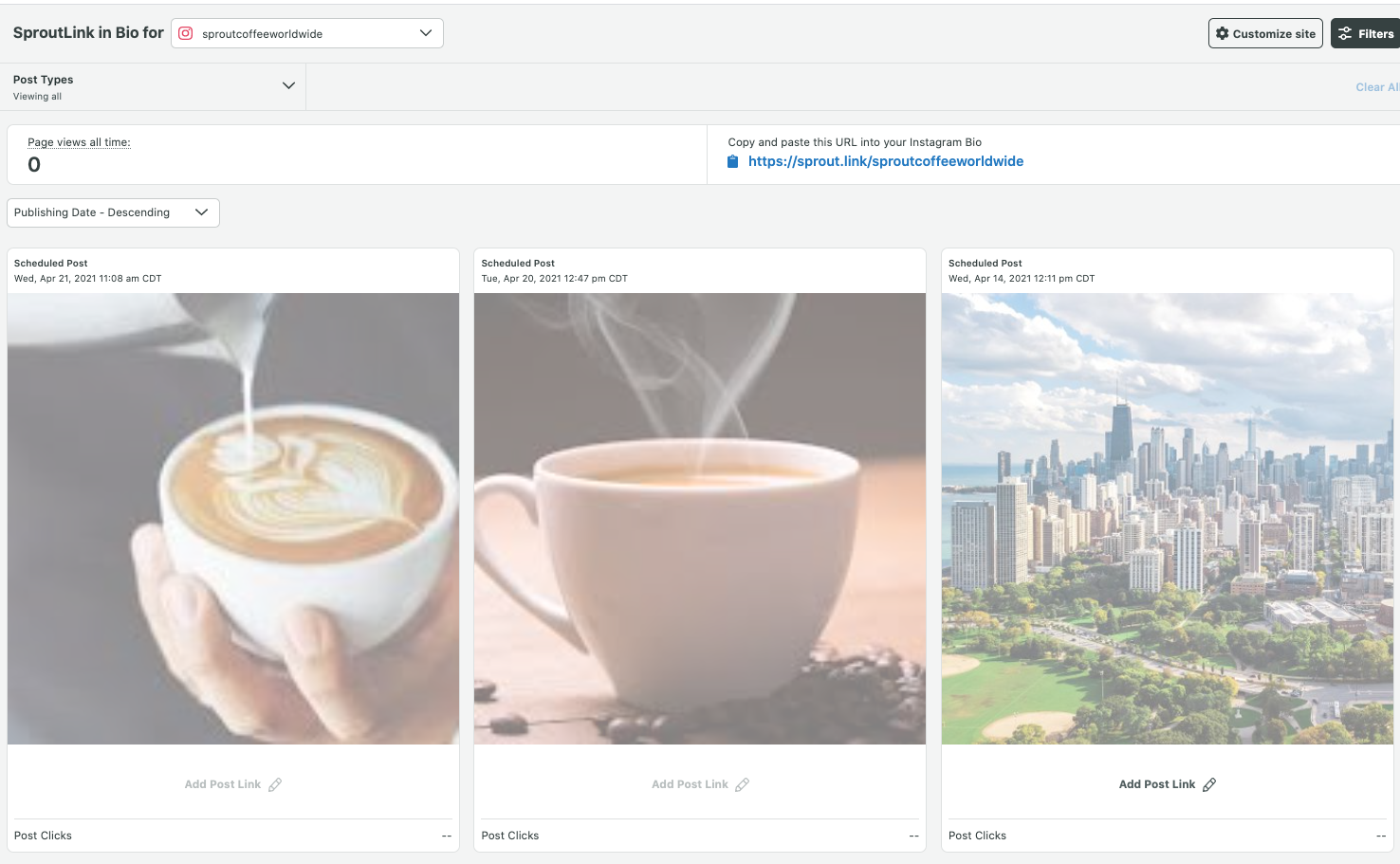 A SproutLink interface for managing Instagram bio links. It displays scheduled posts with coffee-related images and a cityscape.