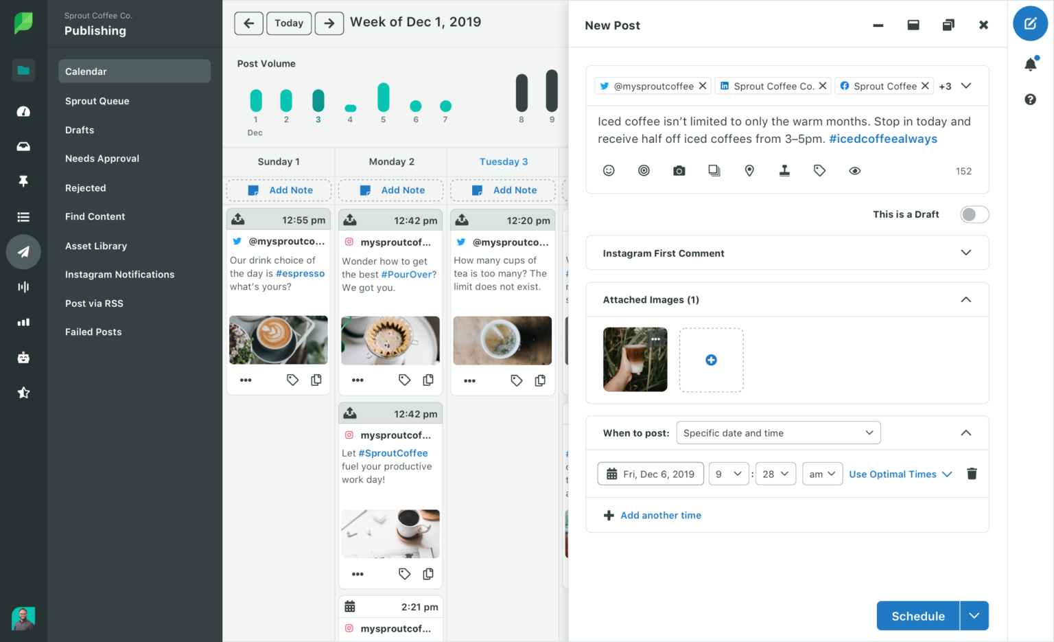 Sprout’s Publishing calendar view for Sprout Coffee Co.. Multiple social media posts are scheduled, including posts with images of coffee and text descriptions. The new post editor is open on the right side with a draft post about iced coffee.