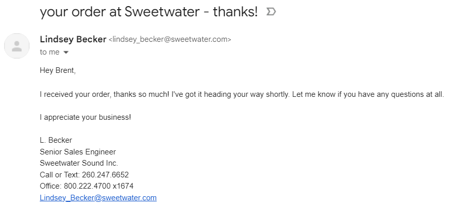 sweetwater follow-up email