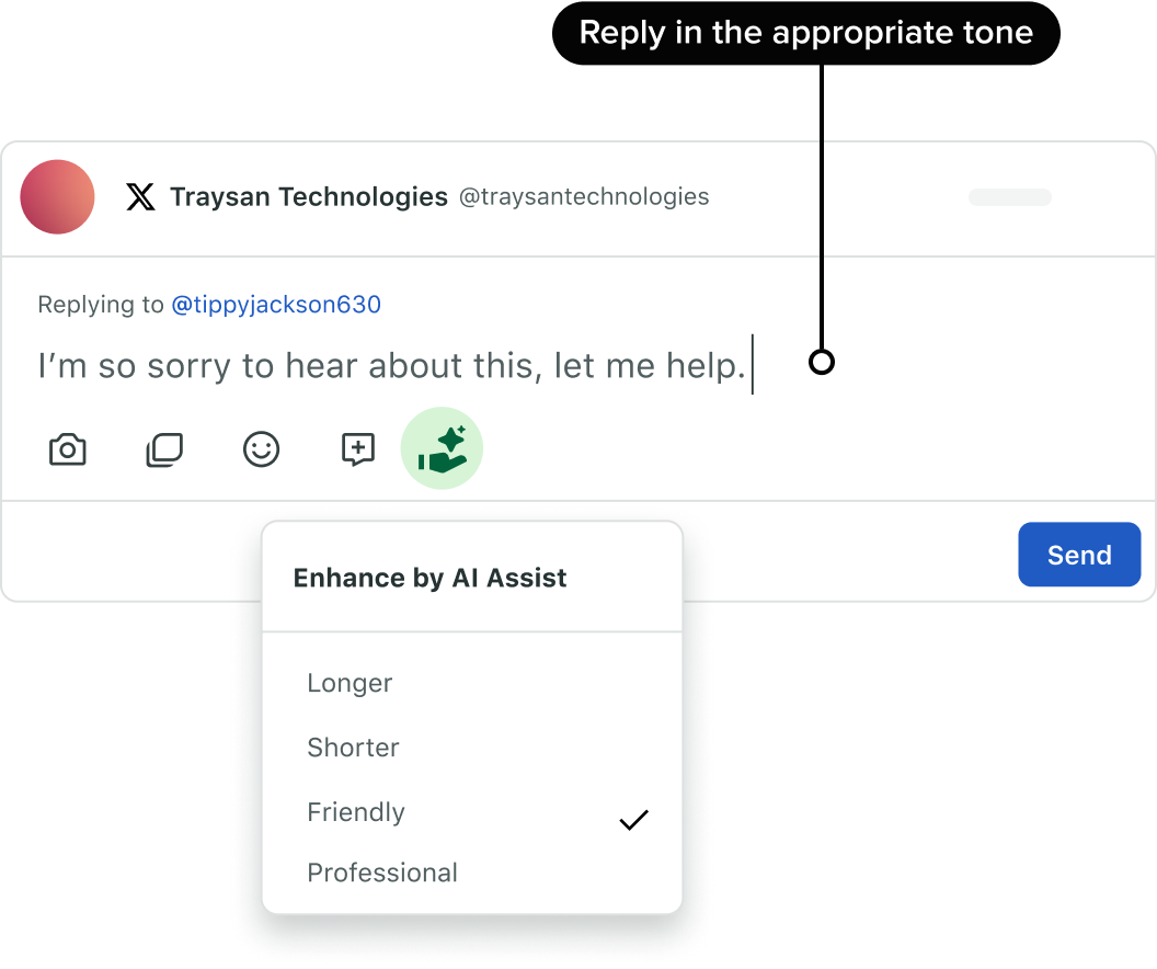 A customer service representative utilizing Sprout Social's customer case management software with AI response suggestion capabilities to address a customer's inquiry.