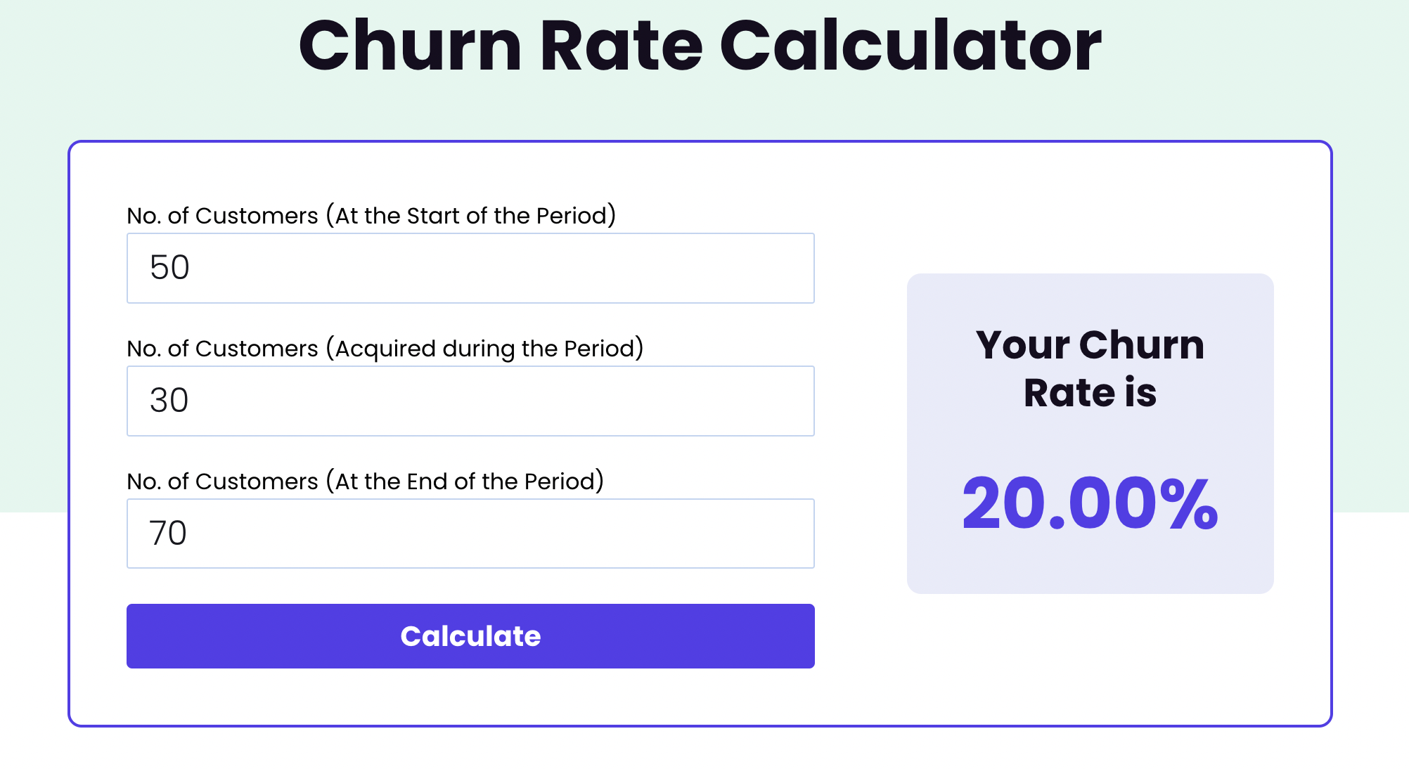 Churn Rate Calculator showing three fields to enter the number of customers at the start, acquired, and at the end of the period and a churn rate of 20.00%